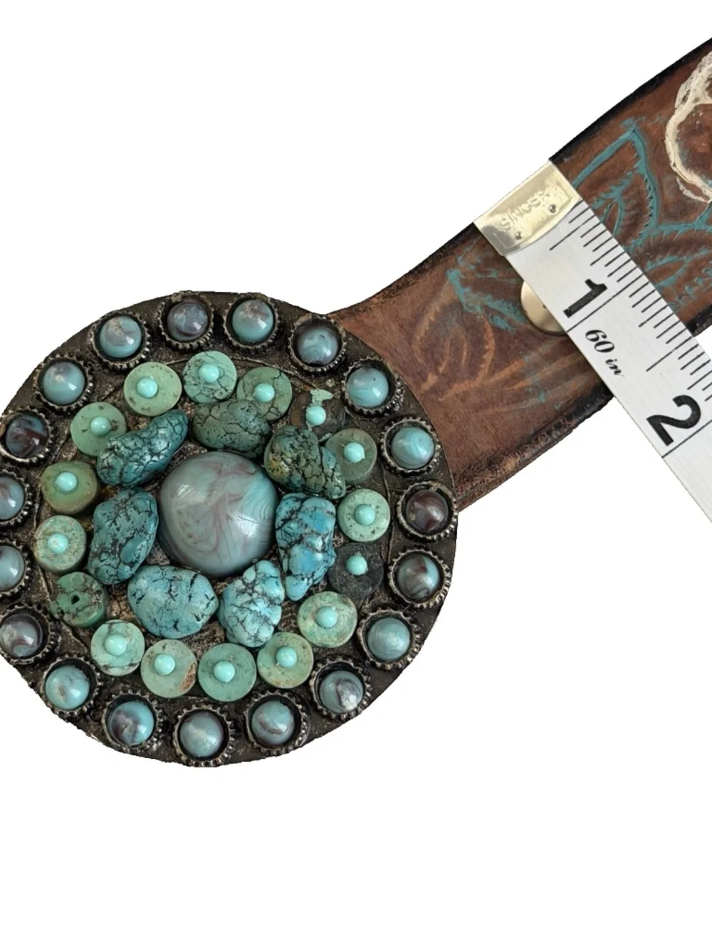 Leatherock Floral Tooled Leather Belt XL 39 Turquoise Removable Buckle Western
